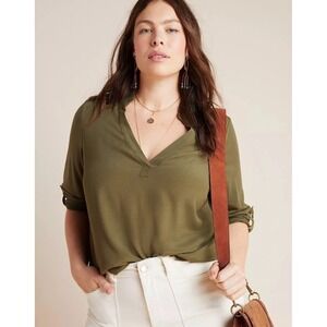 Porridge by Anthropologie Blouse Olive Green Roll Sleeve 3X
